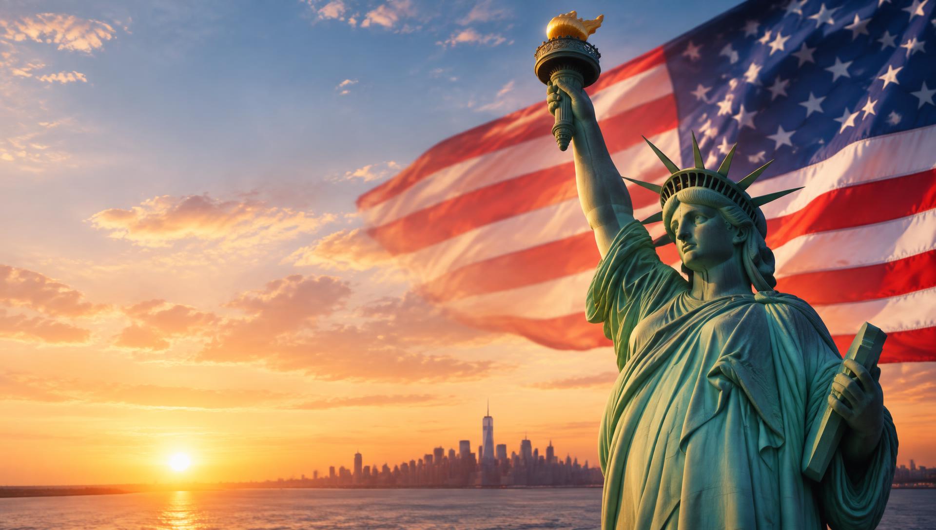 La Estatua de la Libertad con la bandera de Estados Unidos